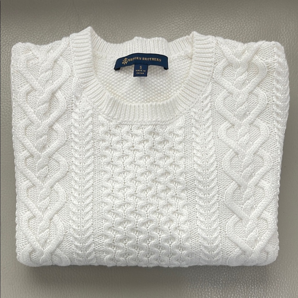 Brooks Brothers White Chunky Knit Crew Neck Sweater